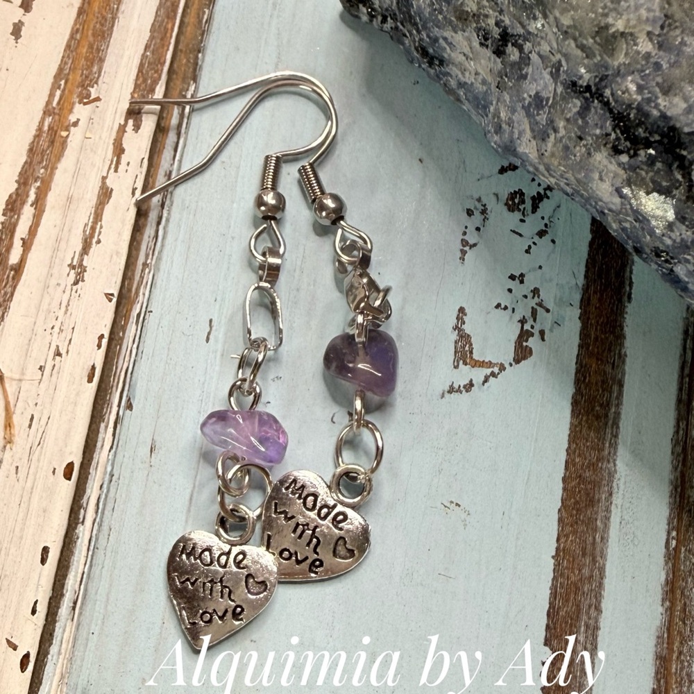 Amethyst & Heart Charm Earrings — Silver Chain Dangles